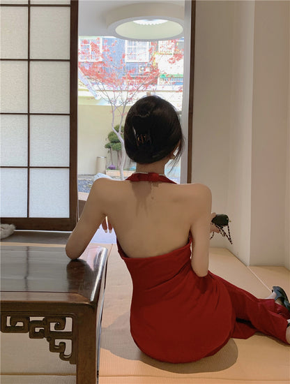 Unique Red Deep V Neck Midi Skirt Sexy High-Slit Minimalist Halter Long Dress AP1877