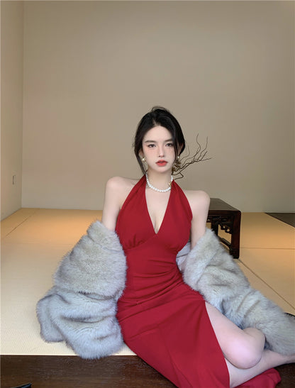 Unique Red Deep V Neck Midi Skirt Sexy High-Slit Minimalist Halter Long Dress AP1877