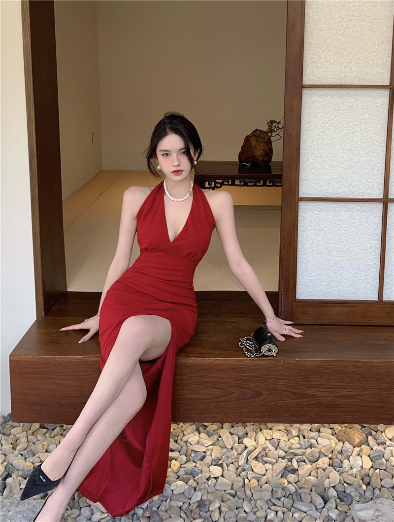 Unique Red Deep V Neck Midi Skirt Sexy High-Slit Minimalist Halter Long Dress AP1877