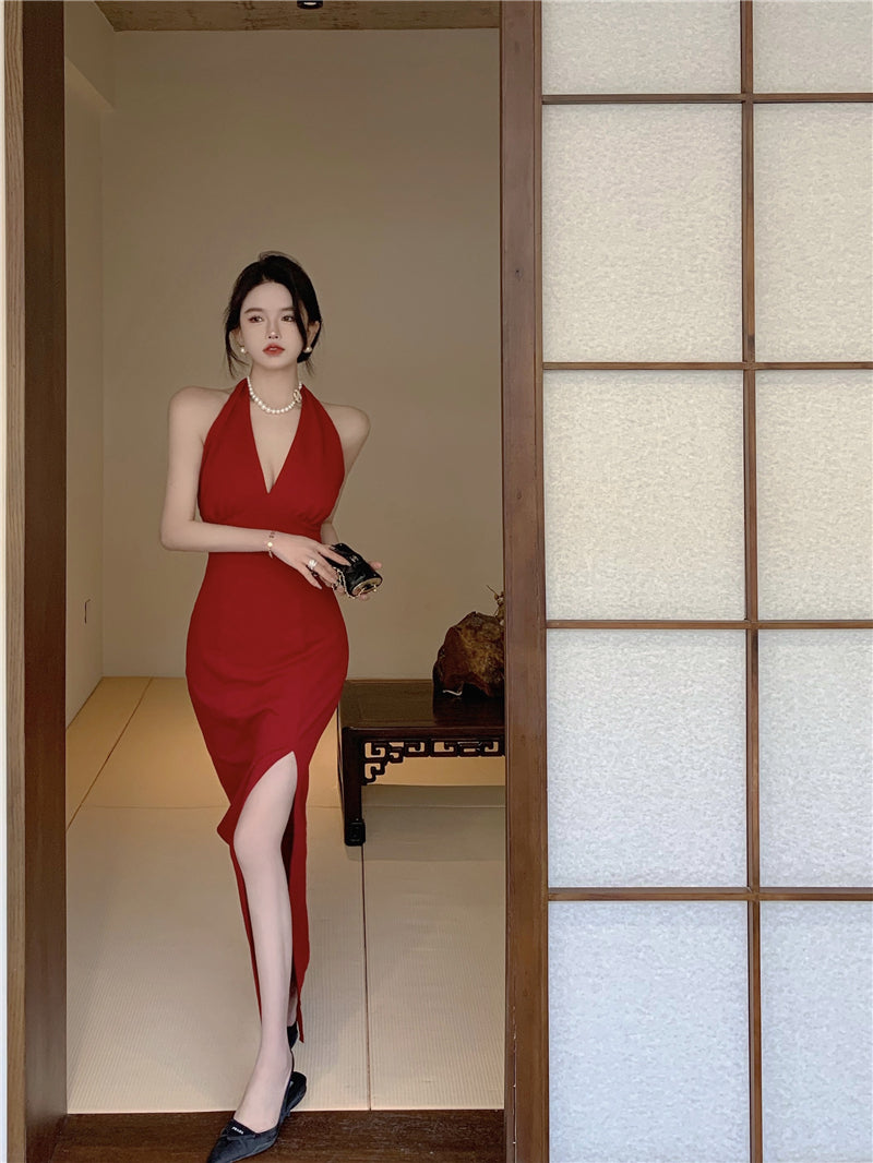Unique Red Deep V Neck Midi Skirt Sexy High-Slit Minimalist Halter Long Dress AP1877