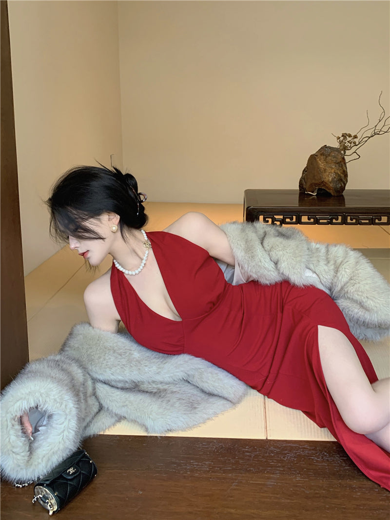 Unique Red Deep V Neck Midi Skirt Sexy High-Slit Minimalist Halter Long Dress AP1877
