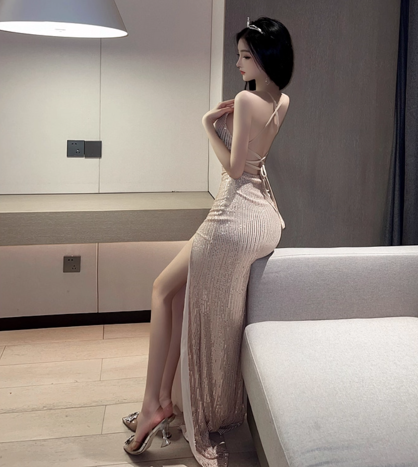 Exquisite Glittering Fabric Spaghetti Straps Maxi Dress Chic Tie-Back High Slit Long Dress AP1878