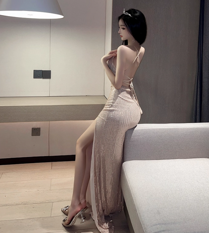 Exquisite Glittering Fabric Spaghetti Straps Maxi Dress Chic Tie-Back High Slit Long Dress AP1878