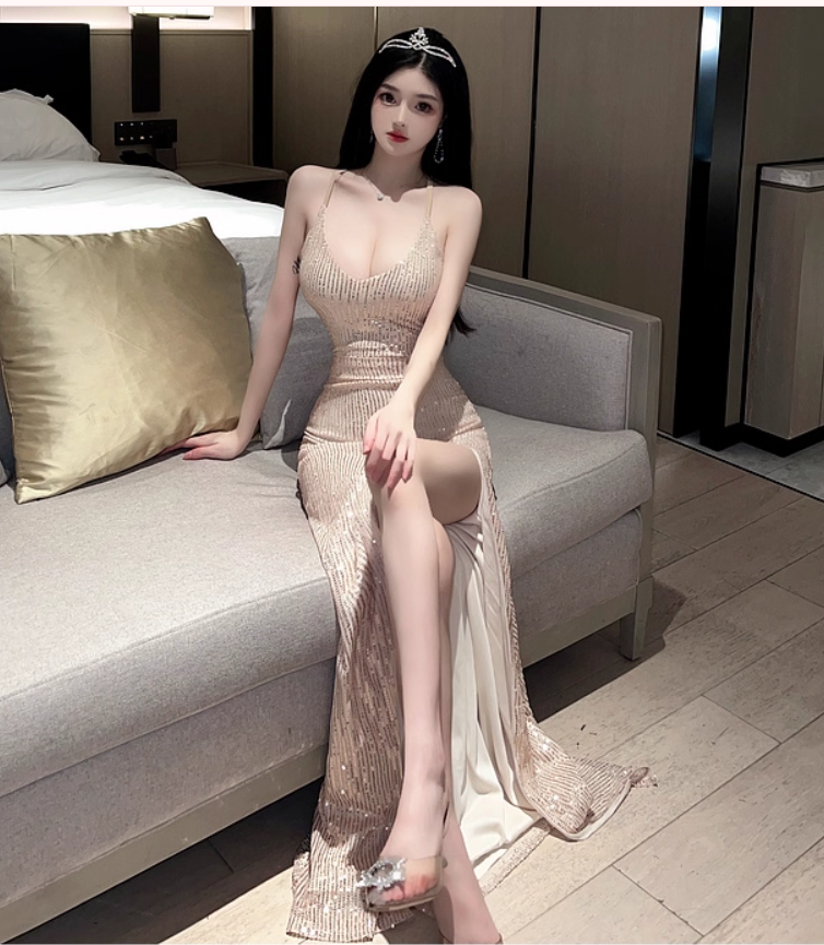 Exquisite Glittering Fabric Spaghetti Straps Maxi Dress Chic Tie-Back High Slit Long Dress AP1878