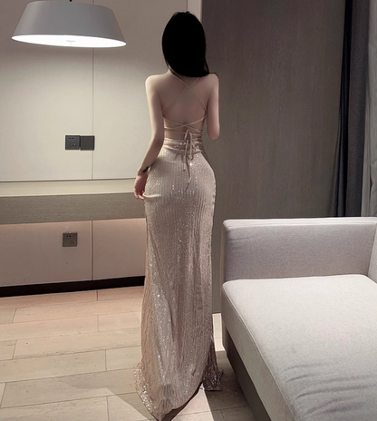 Exquisite Glittering Fabric Spaghetti Straps Maxi Dress Chic Tie-Back High Slit Long Dress AP1878