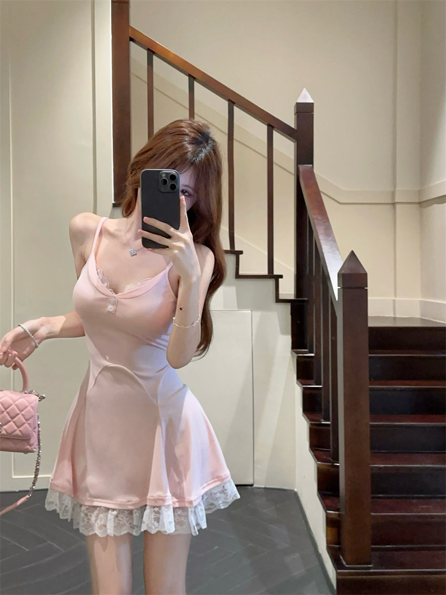 Cute Girls OOTD Lace Hem Spaghetti Straps Mini Dress Summer Outfit A-Line Pink Short Dress AP1879