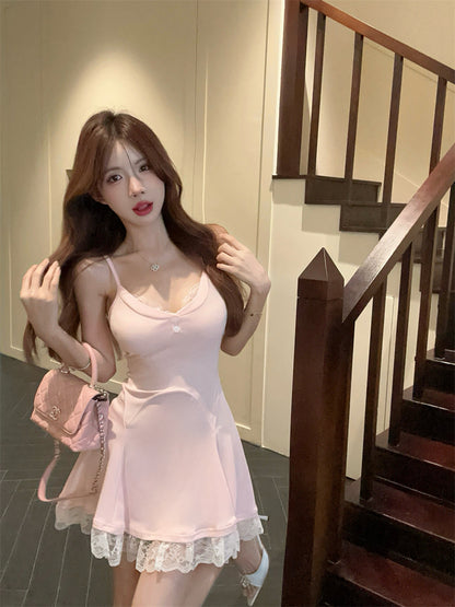 Cute Girls OOTD Lace Hem Spaghetti Straps Mini Dress Summer Outfit A-Line Pink Short Dress AP1879