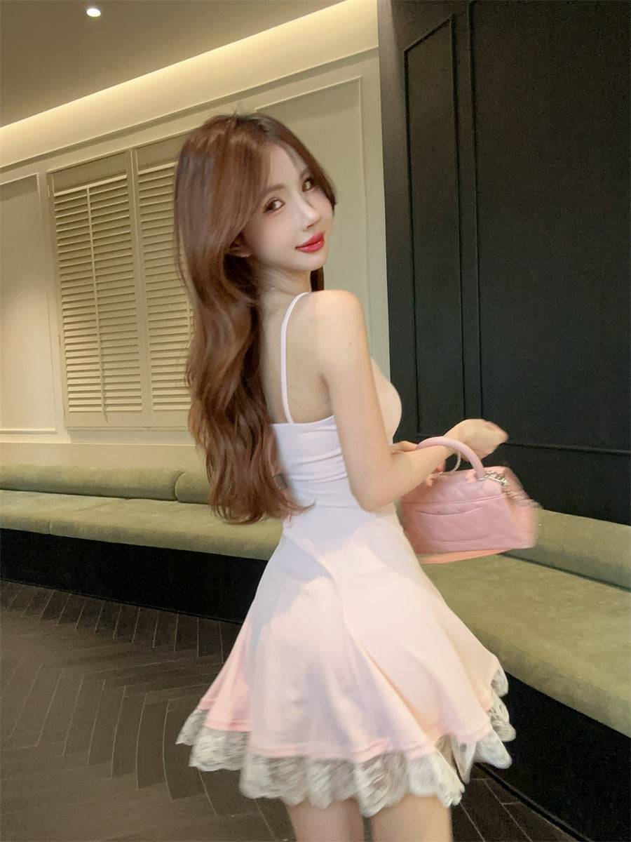 Cute Girls OOTD Lace Hem Spaghetti Straps Mini Dress Summer Outfit A-Line Pink Short Dress AP1879