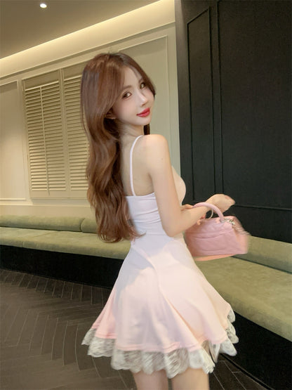 Cute Girls OOTD Lace Hem Spaghetti Straps Mini Dress Summer Outfit A-Line Pink Short Dress AP1879