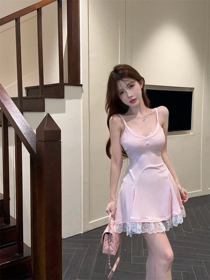 Cute Girls OOTD Lace Hem Spaghetti Straps Mini Dress Summer Outfit A-Line Pink Short Dress AP1879
