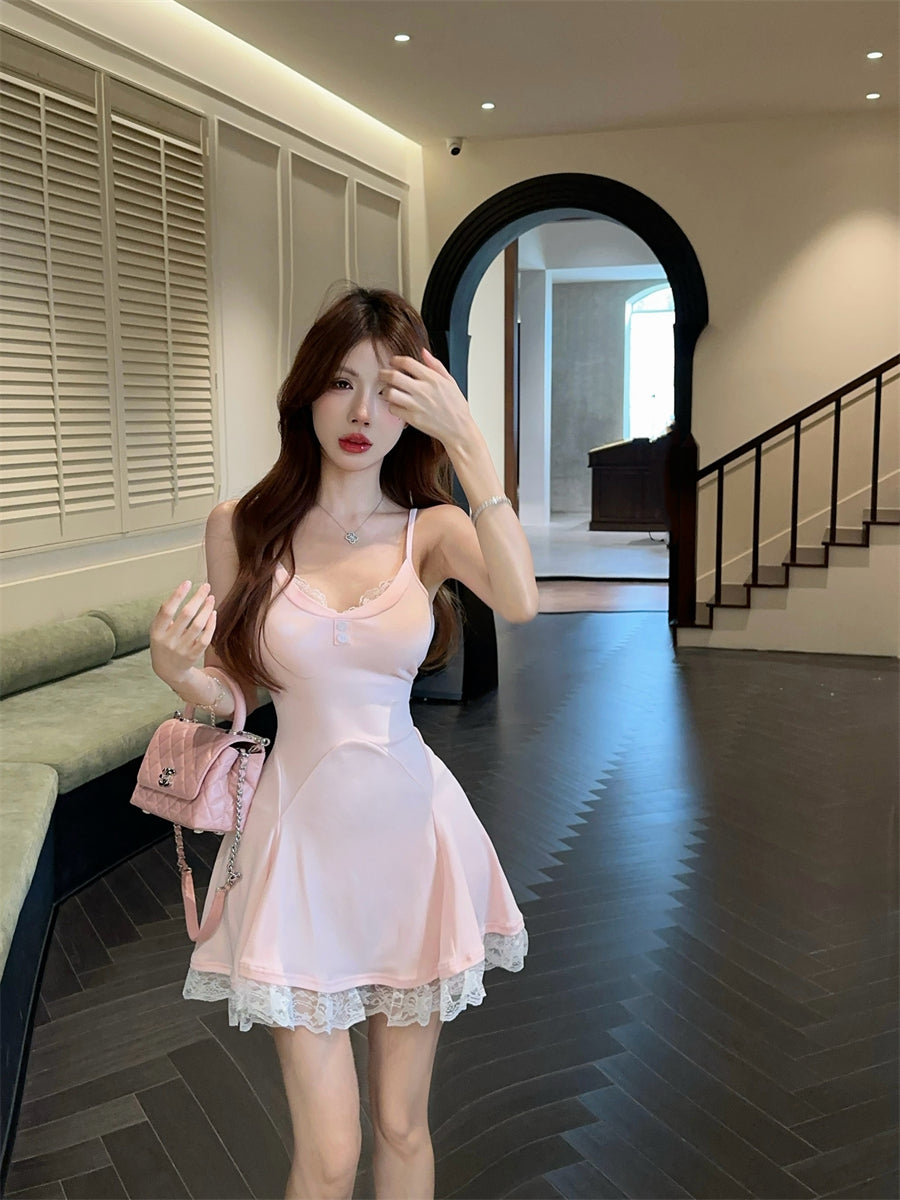 Cute Girls OOTD Lace Hem Spaghetti Straps Mini Dress Summer Outfit A-Line Pink Short Dress AP1879