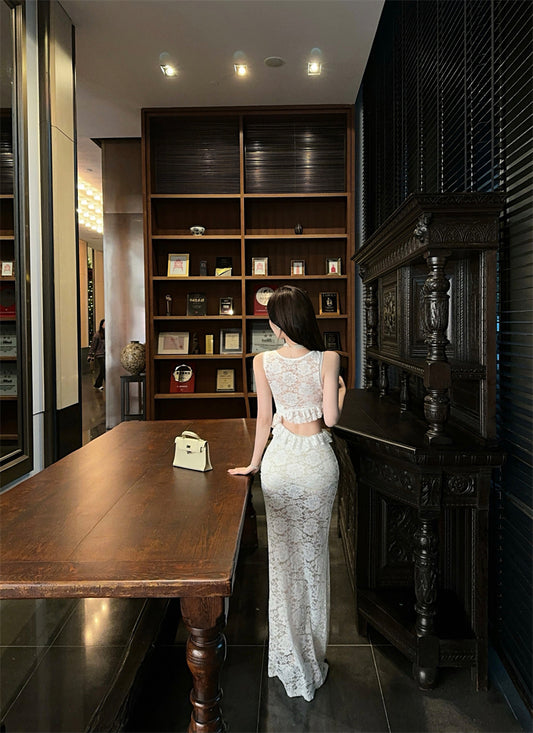 Alluring Textured Lace Overlay Cutout Waist Maxi Dress With Lining Dreamy Ruffles Trimmed Round Neck Long Dress AP1880