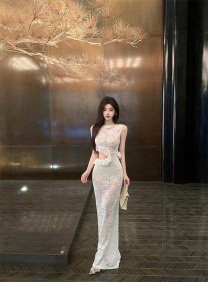 Alluring Textured Lace Overlay Cutout Waist Maxi Dress With Lining Dreamy Ruffles Trimmed Round Neck Long Dress AP1880