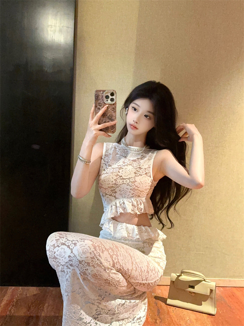 Alluring Textured Lace Overlay Cutout Waist Maxi Dress With Lining Dreamy Ruffles Trimmed Round Neck Long Dress AP1880