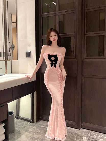 Ethereal Black Bow Accent Pink Tulle Overlay Maxi Dress Dreamy Strapless Cut Girls Feast Outfit Ruffles Trimmed Long Dress AP1881