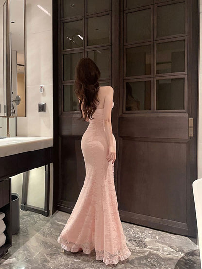 Ethereal Black Bow Accent Pink Tulle Overlay Maxi Dress Dreamy Strapless Cut Girls Feast Outfit Ruffles Trimmed Long Dress AP1881