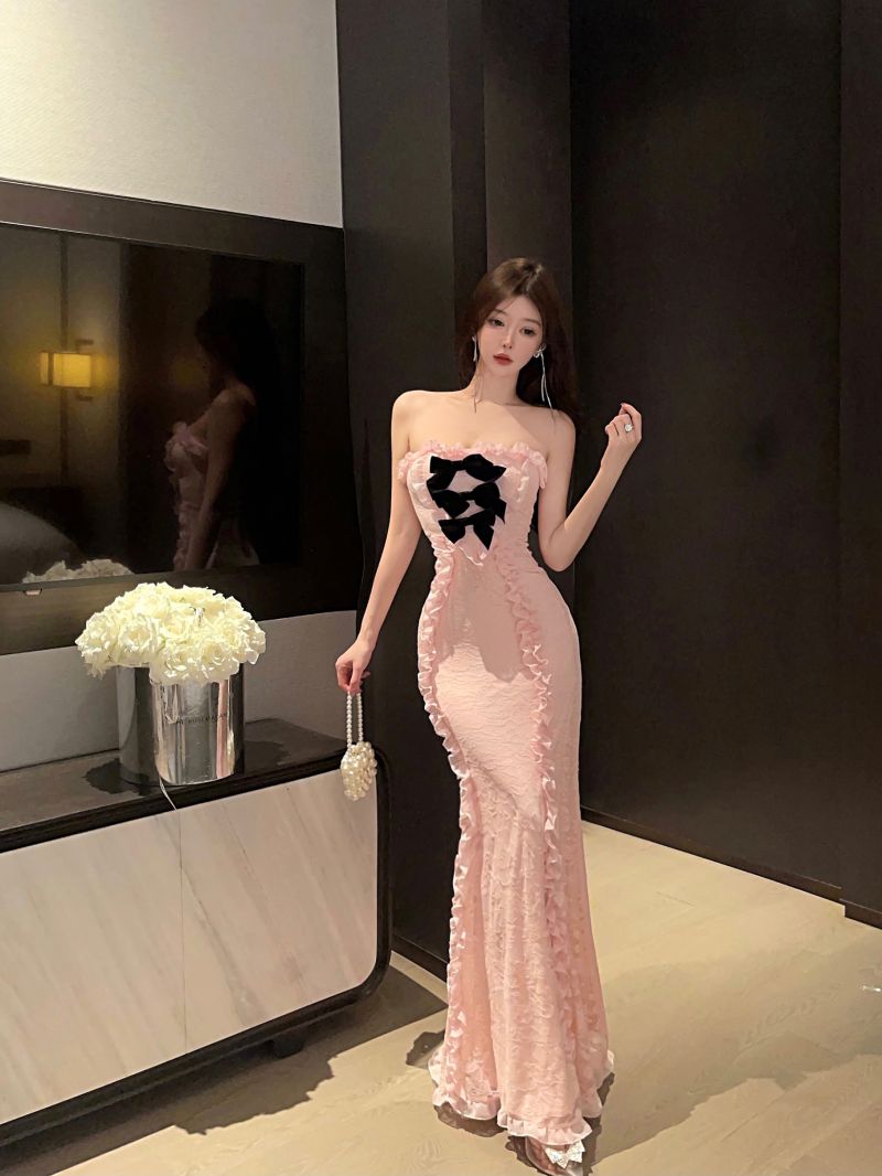 Ethereal Black Bow Accent Pink Tulle Overlay Maxi Dress Dreamy Strapless Cut Girls Feast Outfit Ruffles Trimmed Long Dress AP1881