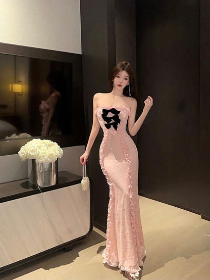 Ethereal Black Bow Accent Pink Tulle Overlay Maxi Dress Dreamy Strapless Cut Girls Feast Outfit Ruffles Trimmed Long Dress AP1881