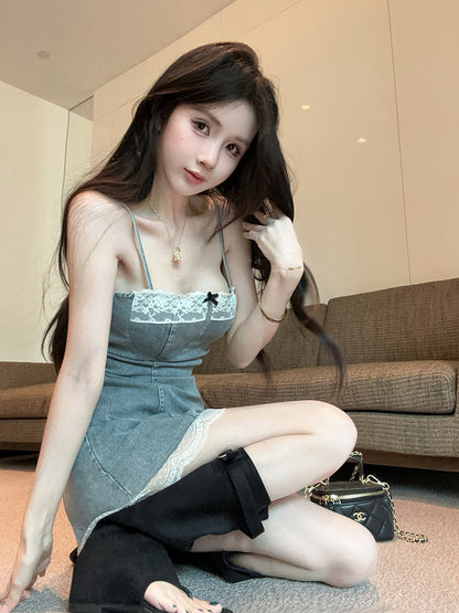 Y2K Style Denim Fabric Spaghetti Straps Mini Dress Vintage Lace Trimmed Bow Design Short Dress AP1882