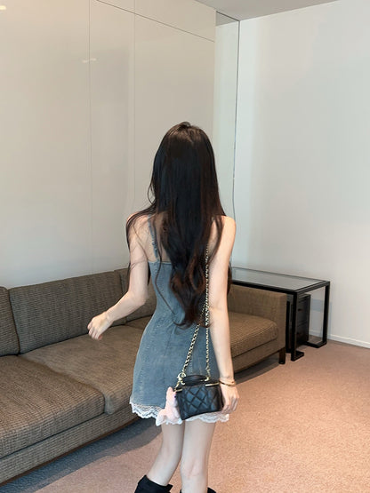 Y2K Style Denim Fabric Spaghetti Straps Mini Dress Vintage Lace Trimmed Bow Design Short Dress AP1882