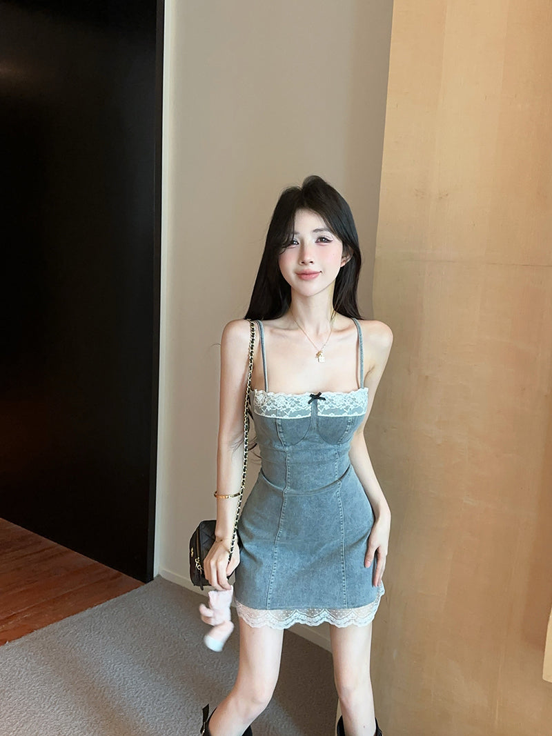Y2K Style Denim Fabric Spaghetti Straps Mini Dress Vintage Lace Trimmed Bow Design Short Dress AP1882