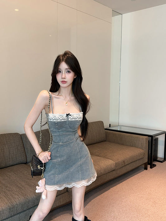 Y2K Style Denim Fabric Spaghetti Straps Mini Dress Vintage Lace Trimmed Bow Design Short Dress AP1882