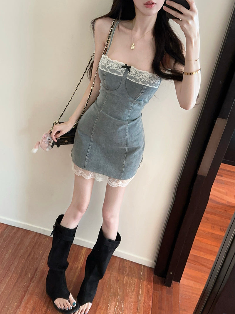 Y2K Style Denim Fabric Spaghetti Straps Mini Dress Vintage Lace Trimmed Bow Design Short Dress AP1882