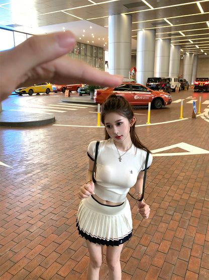 New Arrival White Two-Piece Set Mini Skirt Vogue Color-Block Trim Sporty-Chic Pleated Short Dress AP1883