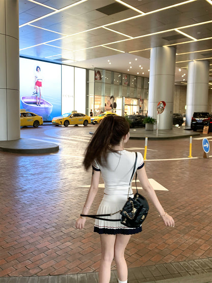 New Arrival White Two-Piece Set Mini Skirt Vogue Color-Block Trim Sporty-Chic Pleated Short Dress AP1883