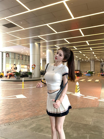 New Arrival White Two-Piece Set Mini Skirt Vogue Color-Block Trim Sporty-Chic Pleated Short Dress AP1883