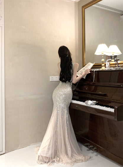 Charming Glittering Sequin Mermaid Tulle Splicing Maxi Dress Deep Glamorous V-Neck Sleeveless Ruffles Hem Long Dress AP1884