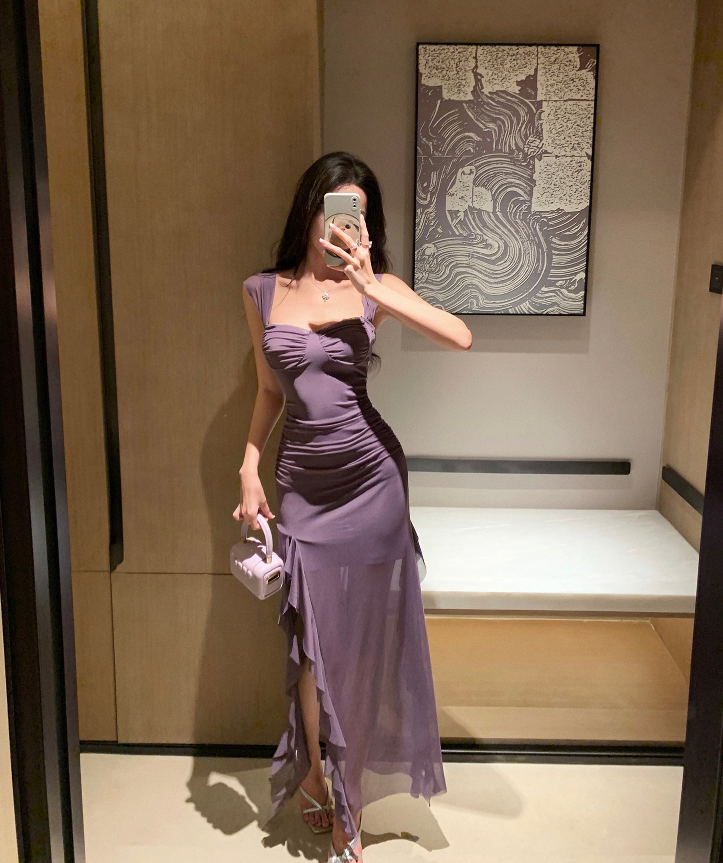 Charming Ruched Bodice Breathable Mesh Purple Maxi Dress Sexy Short Sleeve Asymmetric Ruffled Hem Long Dress AP1885