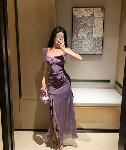 Charming Ruched Bodice Breathable Mesh Purple Maxi Dress Sexy Short Sleeve Asymmetric Ruffled Hem Long Dress AP1885