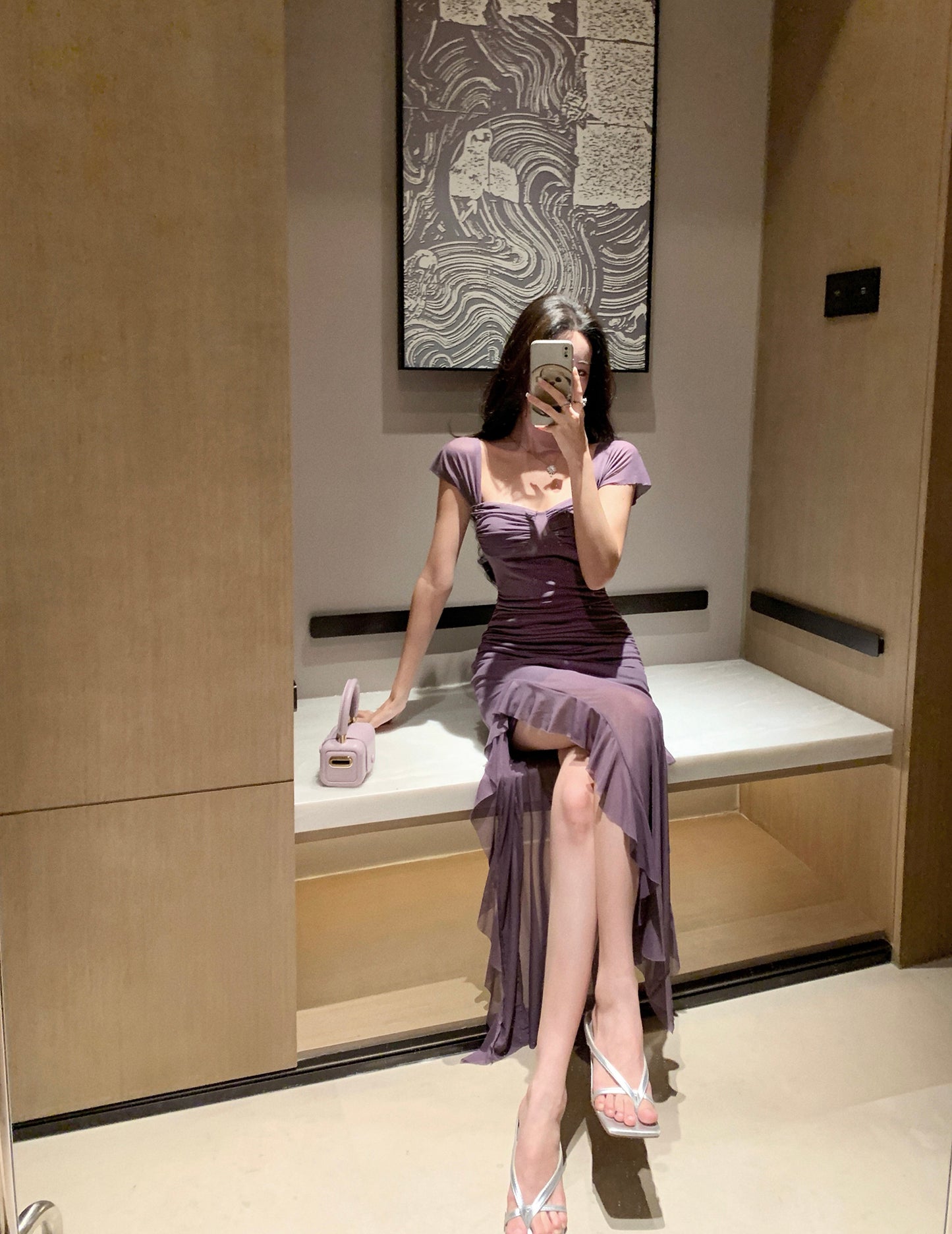 Charming Ruched Bodice Breathable Mesh Purple Maxi Dress Sexy Short Sleeve Asymmetric Ruffled Hem Long Dress AP1885