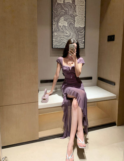 Charming Ruched Bodice Breathable Mesh Purple Maxi Dress Sexy Short Sleeve Asymmetric Ruffled Hem Long Dress AP1885