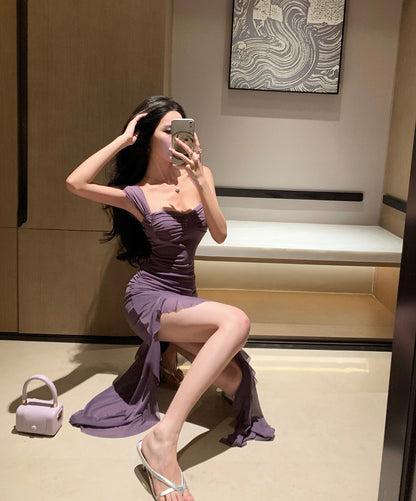 Charming Ruched Bodice Breathable Mesh Purple Maxi Dress Sexy Short Sleeve Asymmetric Ruffled Hem Long Dress AP1885