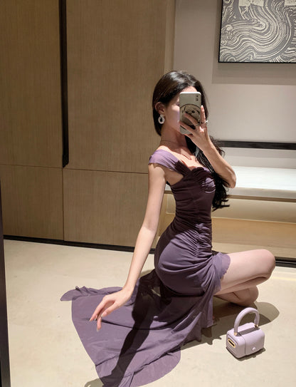 Charming Ruched Bodice Breathable Mesh Purple Maxi Dress Sexy Short Sleeve Asymmetric Ruffled Hem Long Dress AP1885