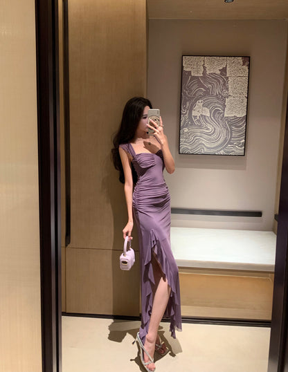 Charming Ruched Bodice Breathable Mesh Purple Maxi Dress Sexy Short Sleeve Asymmetric Ruffled Hem Long Dress AP1885