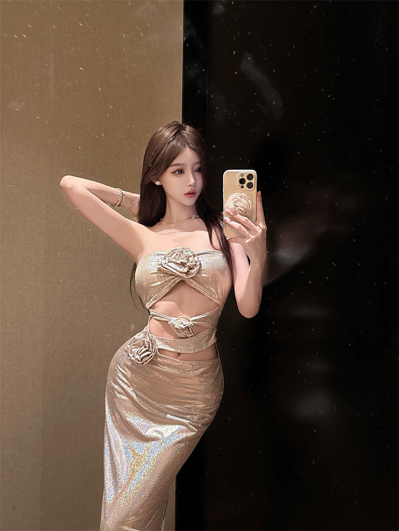 Exquisite Shimmer Strapless Luxury Parties Maxi Skirt 3D Rose Design Cutout Waist Mermiad Hem Long Dress AP1886