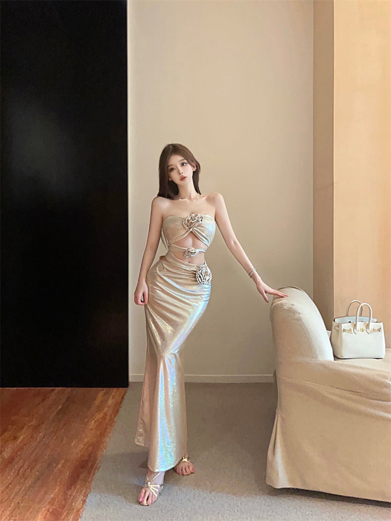 Exquisite Shimmer Strapless Luxury Parties Maxi Skirt 3D Rose Design Cutout Waist Mermiad Hem Long Dress AP1886