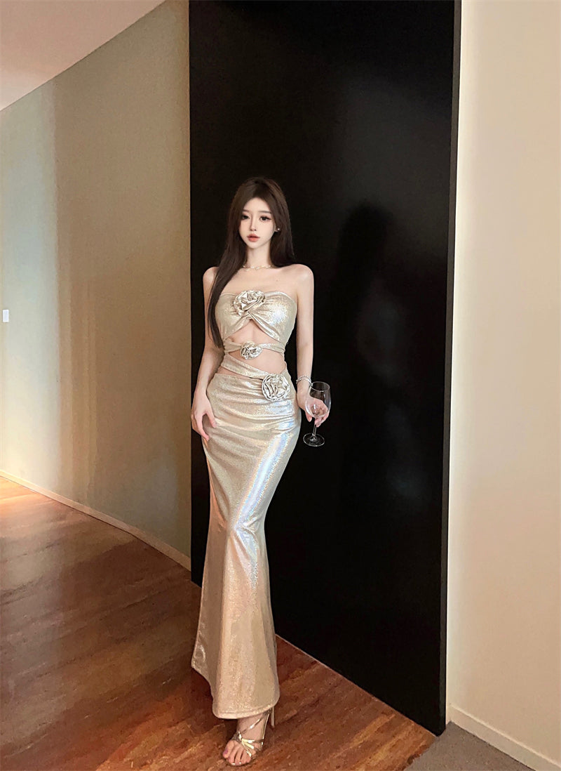 Exquisite Shimmer Strapless Luxury Parties Maxi Skirt 3D Rose Design Cutout Waist Mermiad Hem Long Dress AP1886
