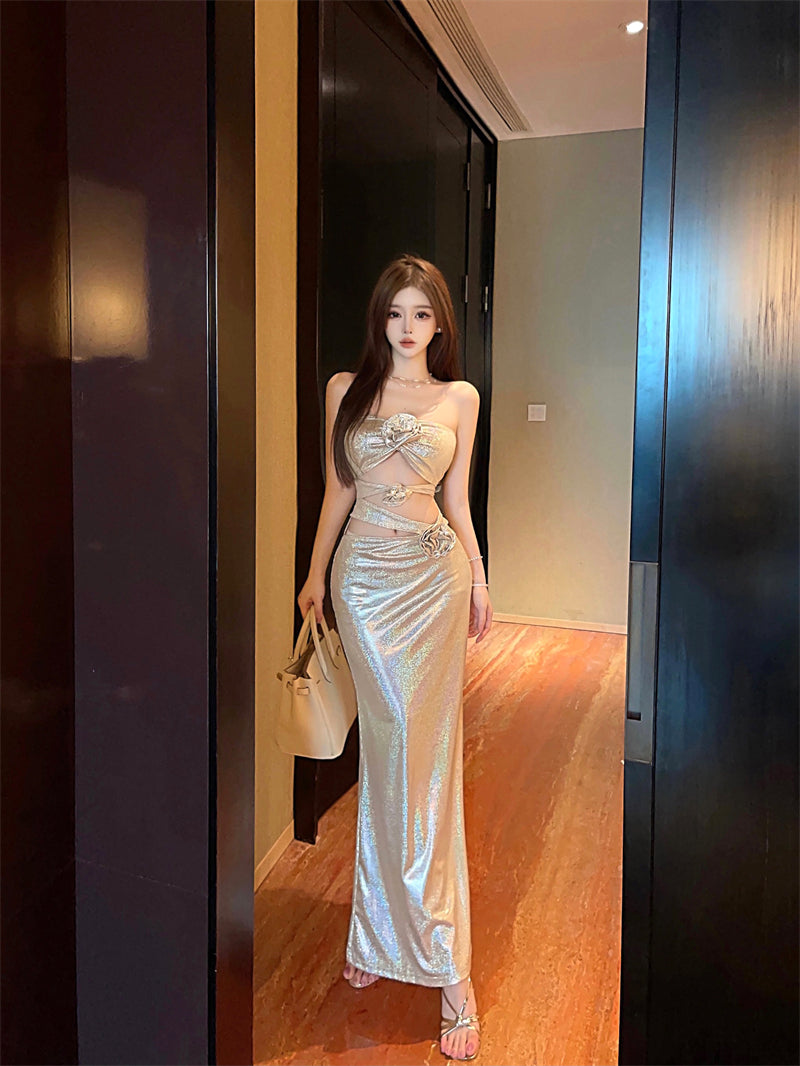 Exquisite Shimmer Strapless Luxury Parties Maxi Skirt 3D Rose Design Cutout Waist Mermiad Hem Long Dress AP1886