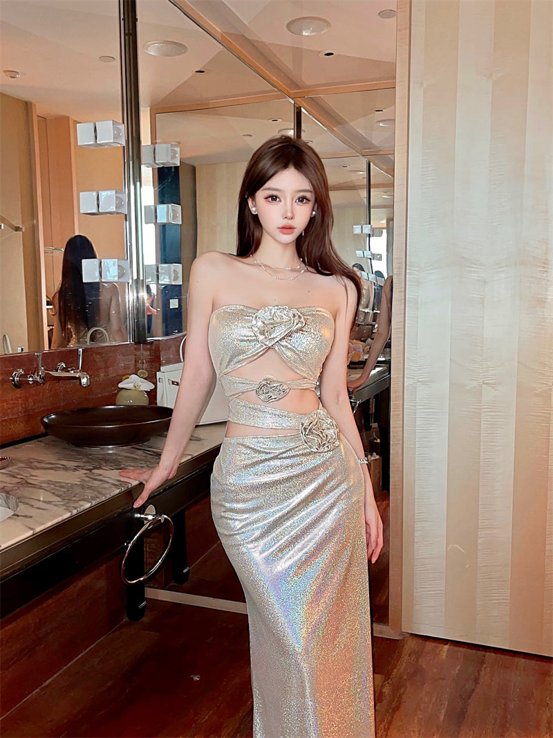 Exquisite Shimmer Strapless Luxury Parties Maxi Skirt 3D Rose Design Cutout Waist Mermiad Hem Long Dress AP1886