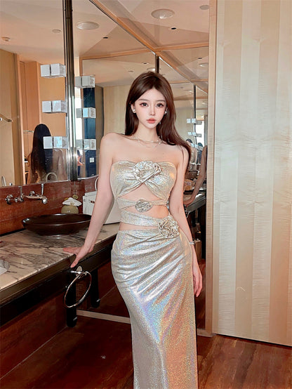 Exquisite Shimmer Strapless Luxury Parties Maxi Skirt 3D Rose Design Cutout Waist Mermiad Hem Long Dress AP1886