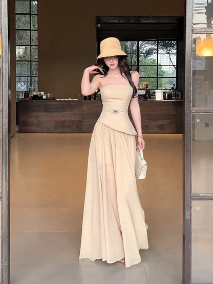 Charming Strapless False Two-Piece Maxi Skirt Summer New Slimming Elegant Full Flared Tulle Hem Long Dress AP1887