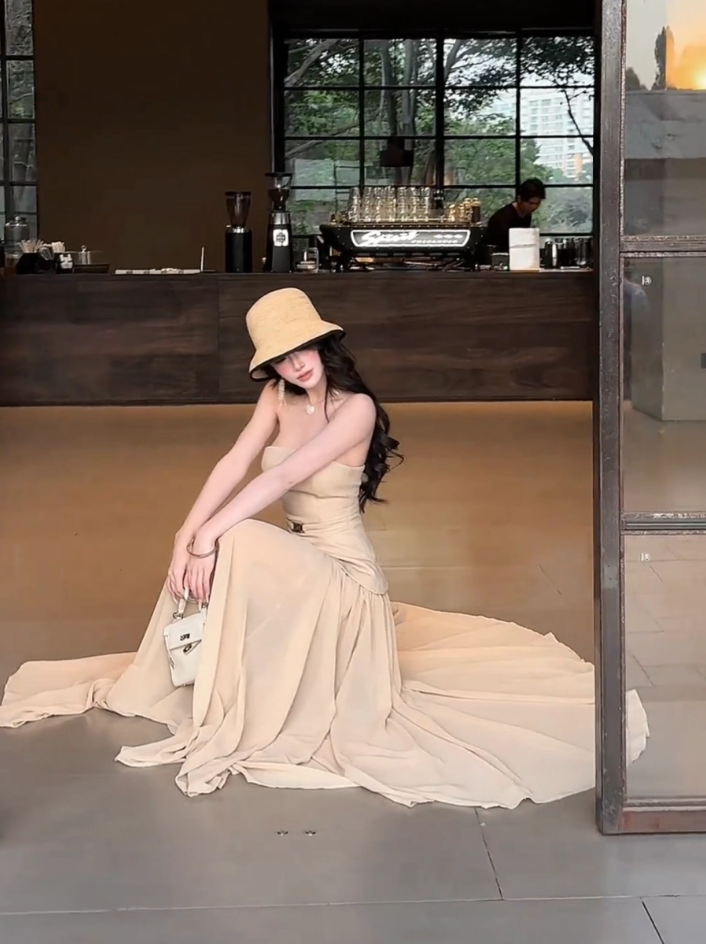 Charming Strapless False Two-Piece Maxi Skirt Summer New Slimming Elegant Full Flared Tulle Hem Long Dress AP1887