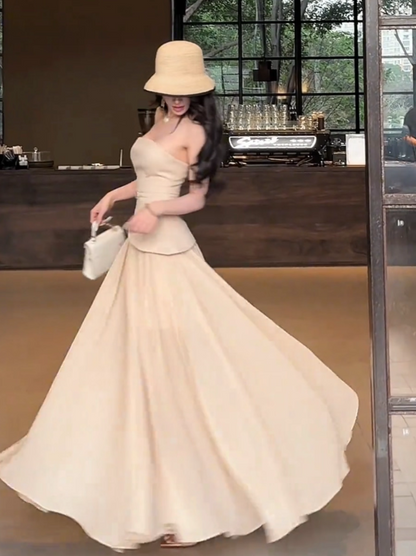 Charming Strapless False Two-Piece Maxi Skirt Summer New Slimming Elegant Full Flared Tulle Hem Long Dress AP1887