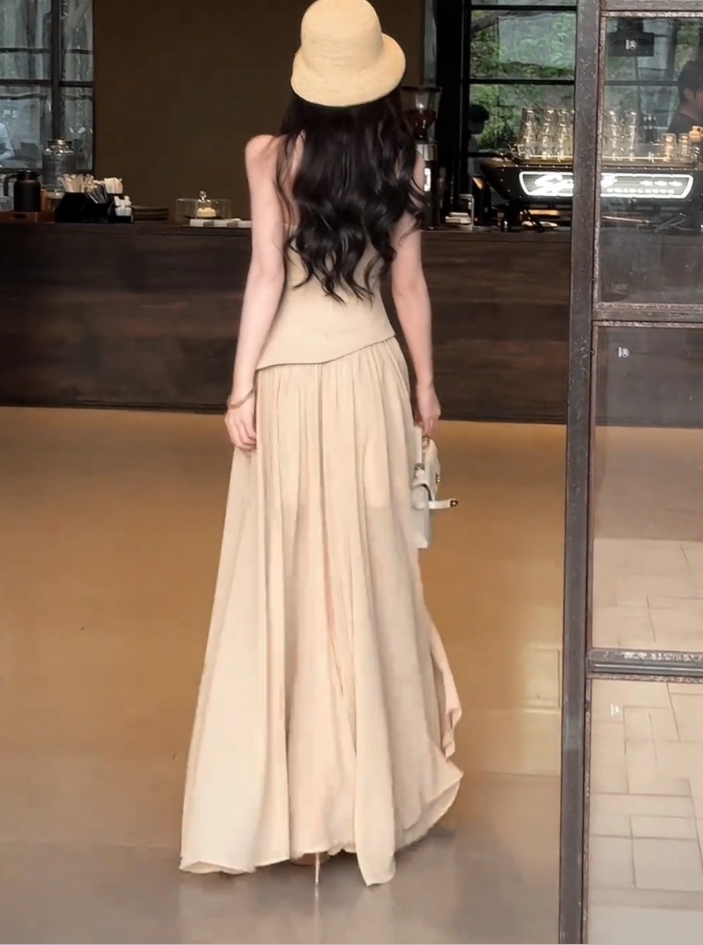 Charming Strapless False Two-Piece Maxi Skirt Summer New Slimming Elegant Full Flared Tulle Hem Long Dress AP1887