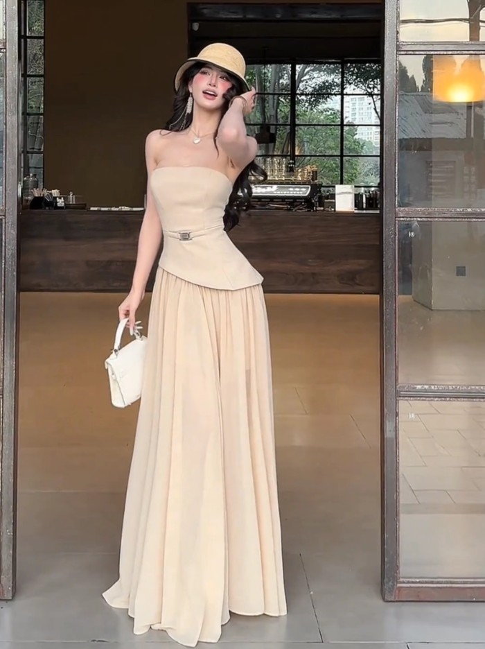 Charming Strapless False Two-Piece Maxi Skirt Summer New Slimming Elegant Full Flared Tulle Hem Long Dress AP1887