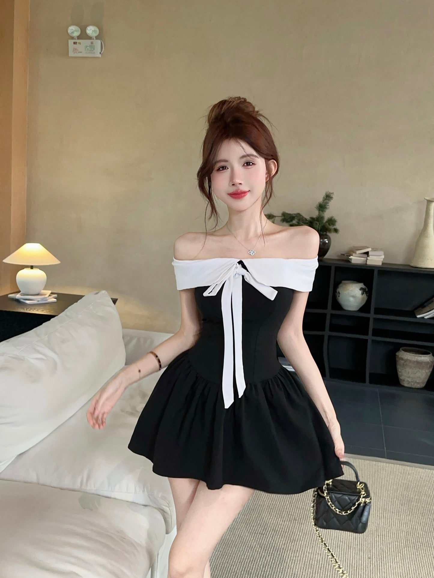 Trendy Large Bow Detail Off-Shoulder Mini Dress Cute Fitted Bodice Black & White Color-Block Short Dress AP1888